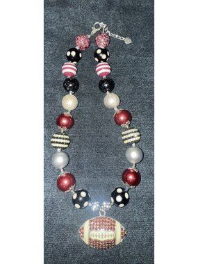 Chunky Beaded Football Necklace 11” Made With Love Charm